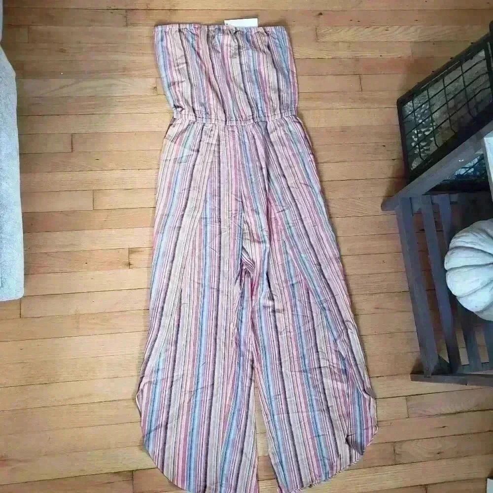 Drew Anthropologie Striped Linen Blend Strapless Bohemian Jumpsuit Size … - Picture 3 of 11